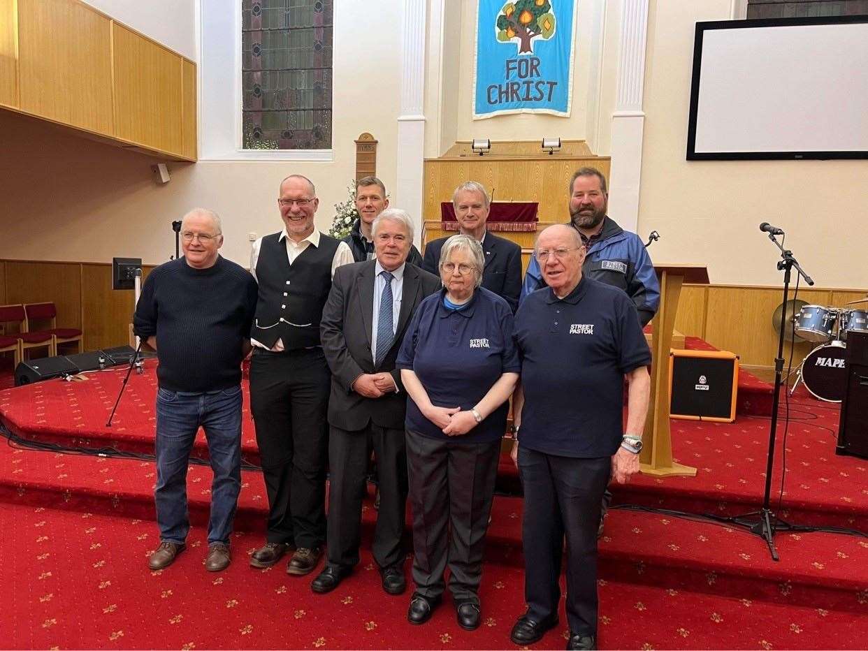 At the street pastors event are (front, from left) Eamon Rice, management committee; Richard Sharp, volunteer; Chris Jewel of the Ascension Trust; Margaret Finch and Alan Finch, both volunteers with (back) Rev Matt Alexander, Wick Baptist minister; Thurso Highland councillor Ron Gunn and Peter Sinclair, volunteer.
