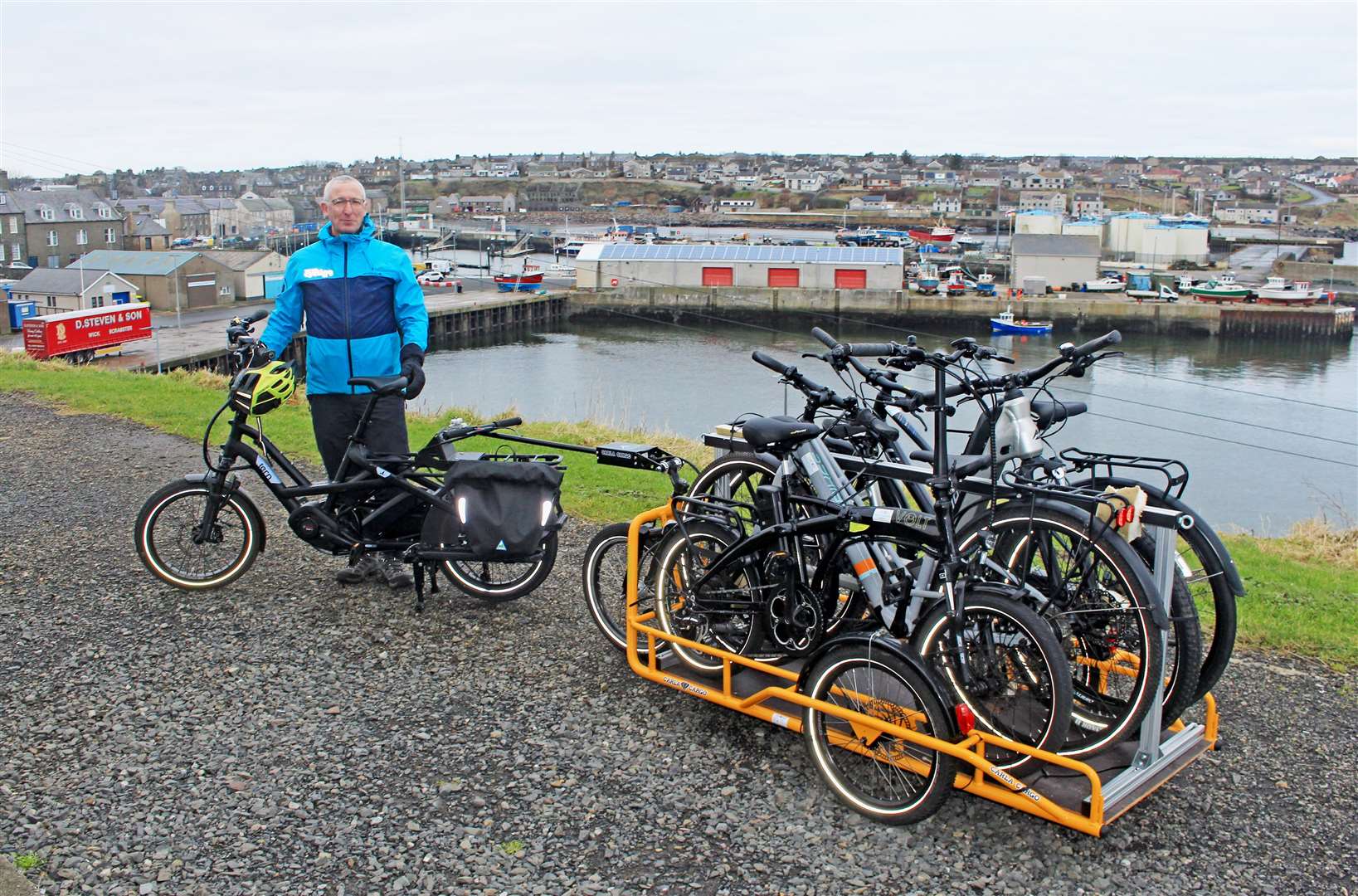 George Ewing, in his role as Caithness-based development officer for Cycling UK, with a new bike trailer in January 2024. Picture: Alan Hendry