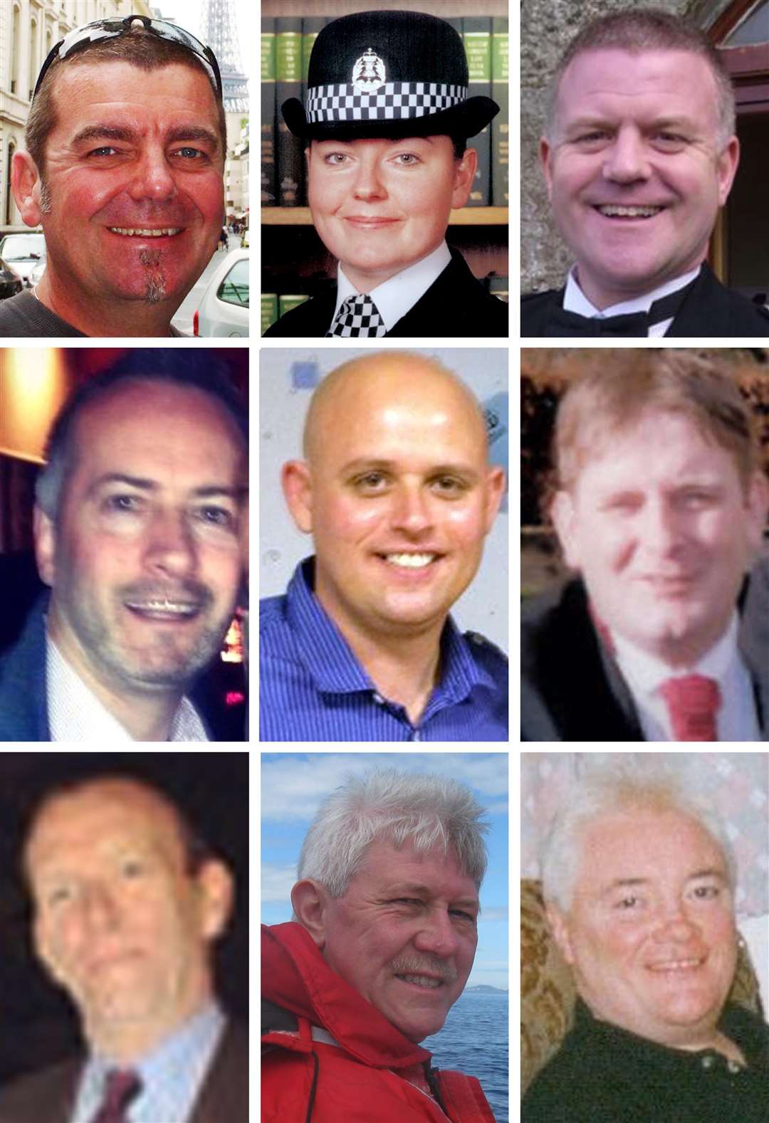 The crash claimed ten lives (top row left to right) helicopter pilot David Traill with police officers Kirsty Nelis and Tony Collins. (middle row left to right) Gary Arthur, Colin Gibson and Mark O’Prey, (bottom row) Samuel McGhee, Robert Jenkins and John McGarrigle (Police Scotland/PA)