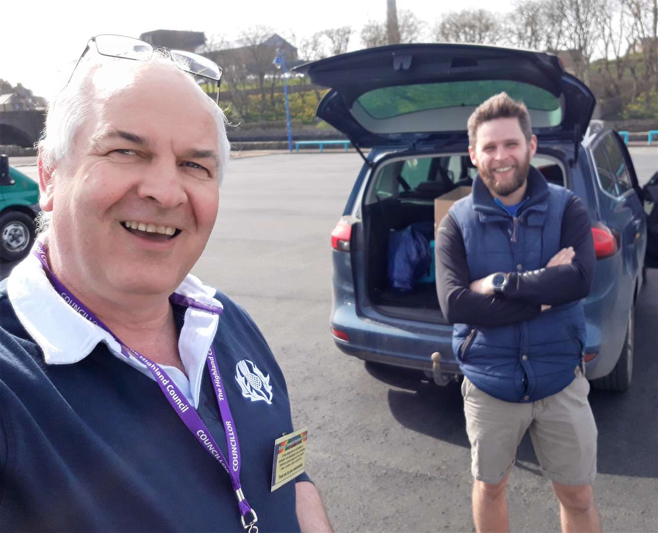 Raymond Bremner took this selfie with Chris Aitken at the riverside car park in Wick. The councillor delivered acetate sheets to Chris to help with the 3D printing.