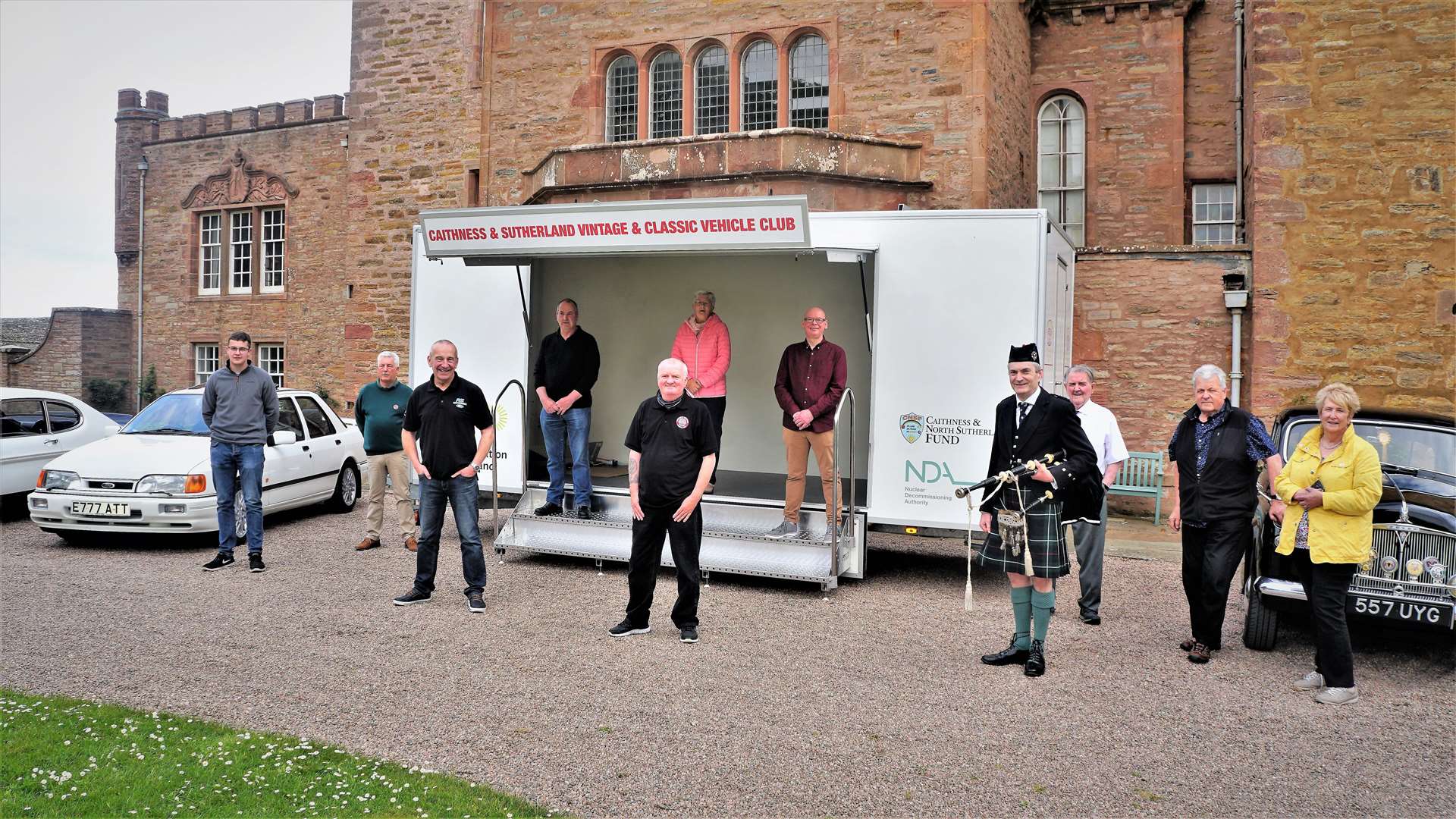 Some of the club members outside Castle Mey during a social distancing event last year with their new bespoke trailer.  Photo: DGS
