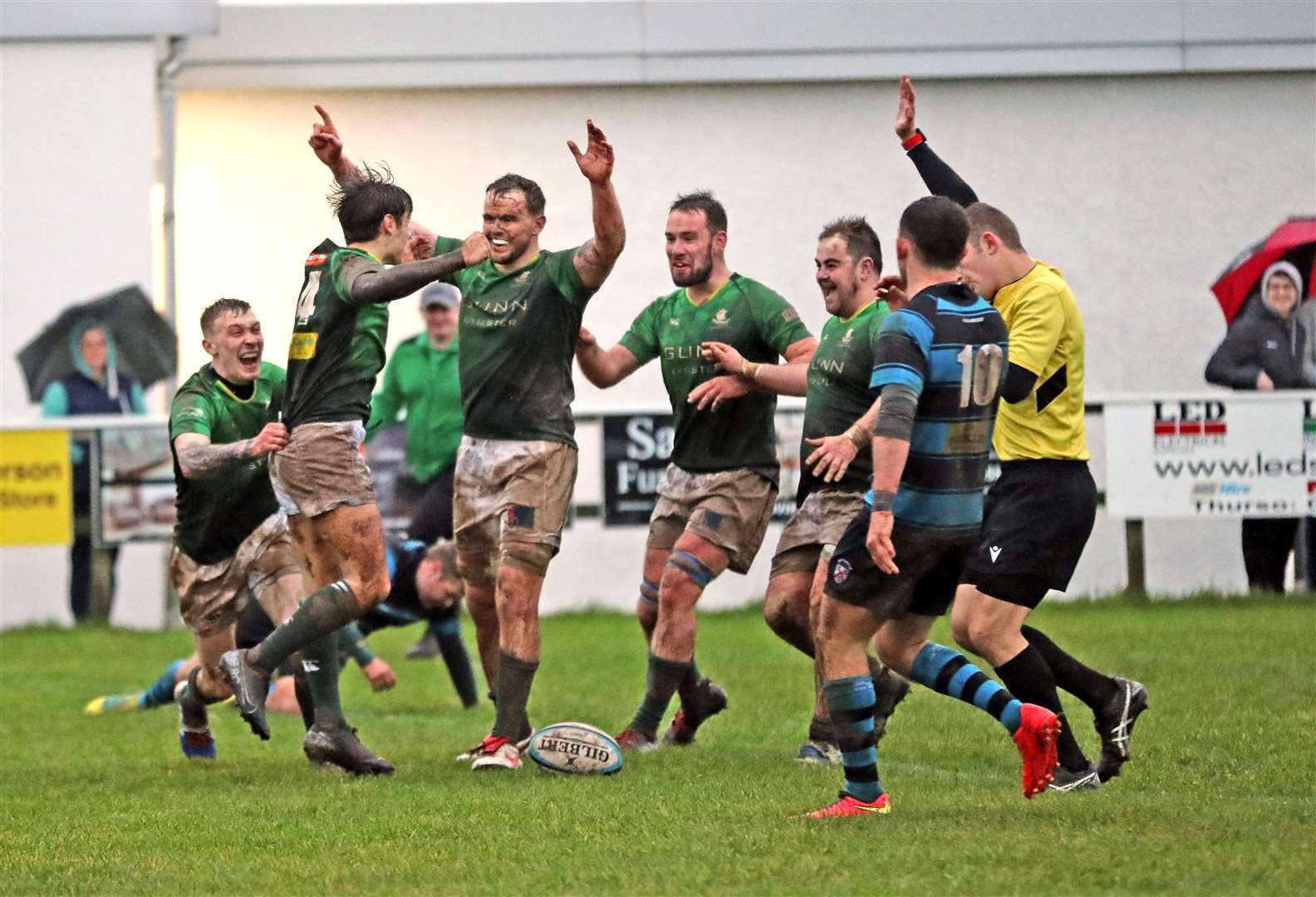 Ewen Macdonald is congratulated on scoring his first try for Caithness during their 34-7 victory against Carrick at Millbank. Picture: James Gunn