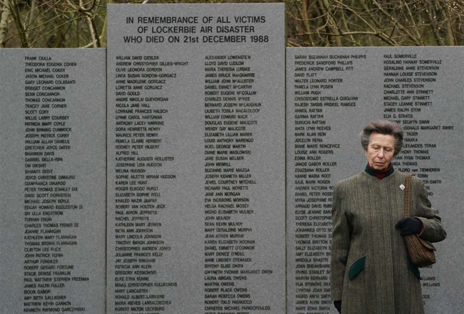 The Princess Royal lays a wreath at the Lockerbie Air Disaster Memorial in the Lockerbie Garden of Remembrance, Dryfesdale Cemetery, Lockerbie (Andrew Milligan/PA)