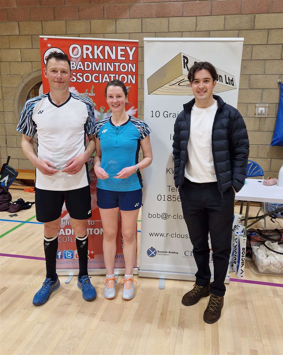 Mixed doubles winners Mark and Shona Mackay with Jamie Clouston, representing R Clouston Ltd.