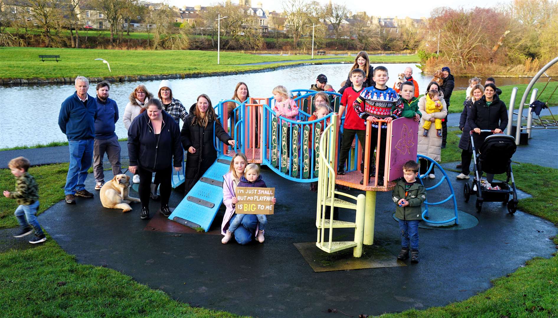 A protest group assembled at Millbank Boating Pond Play Area in Thurso after a council document appeared to show impending closures of many Caithness play parks. Picture: DGS