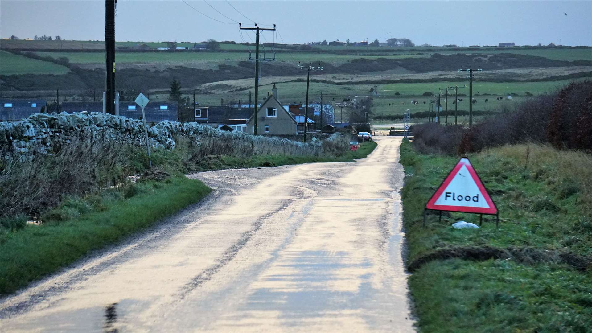 Flood warnings set up on the Tannach road near Haster. Picture: DGS