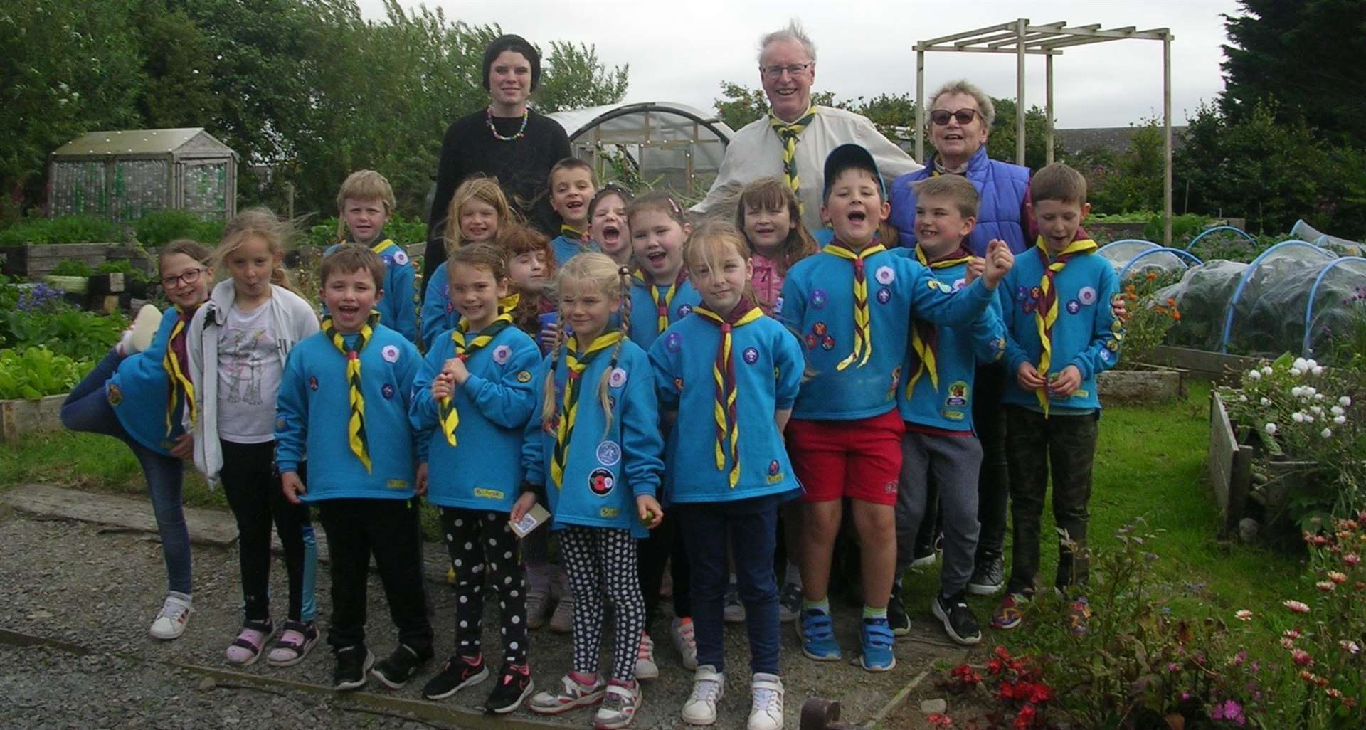 Beaver leaders Sandra Carson and Ian Pearson along with Sharon Dismore, garden manager, and the visiting Beaver Scout group.