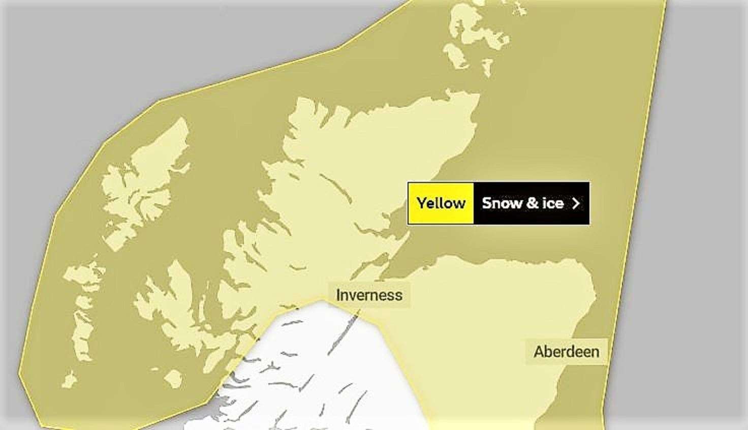 Met Office map shows warning of snow and ice in the far north over the next couple of days.