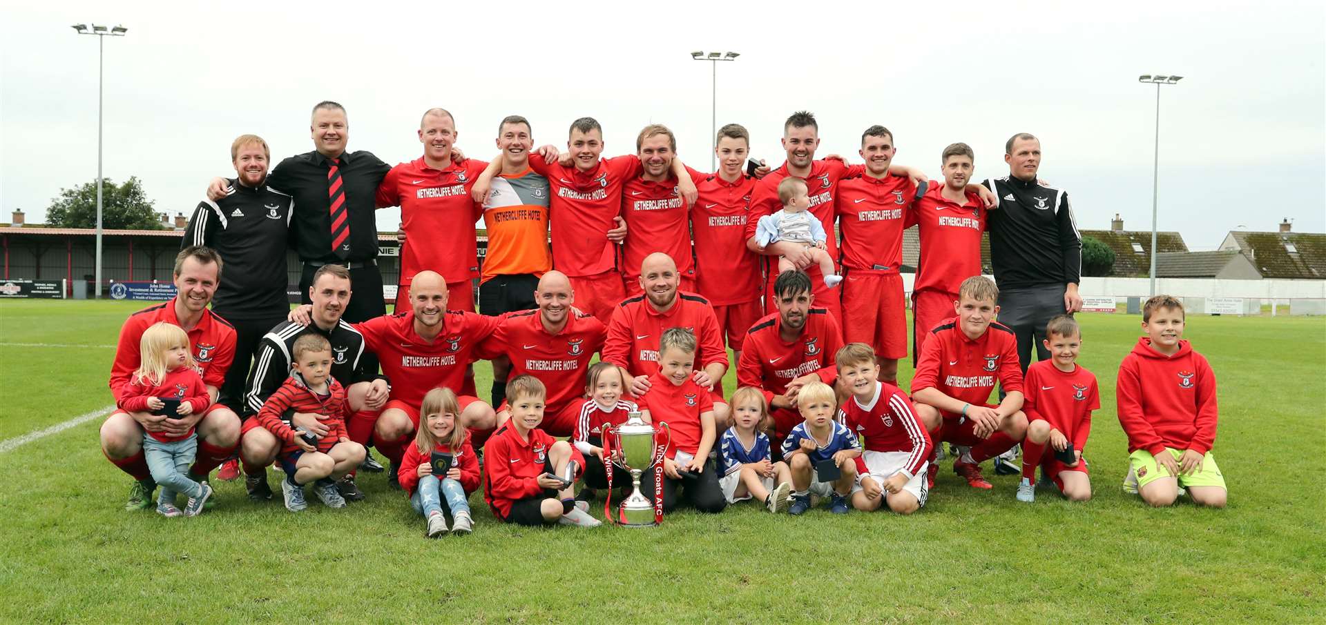 Wick Groats celebrating their Highland Amateur Cup victory in 2019 when they defeated Avoch at Dudgeon Park, Brora. Picture: James Gunn