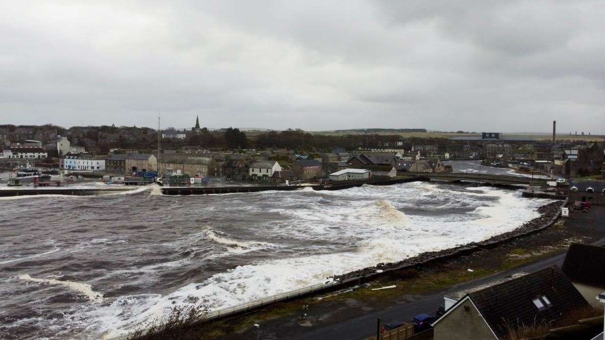 High tide driven by stormy weather in Wick on Sunday. Picture: Willie Watt