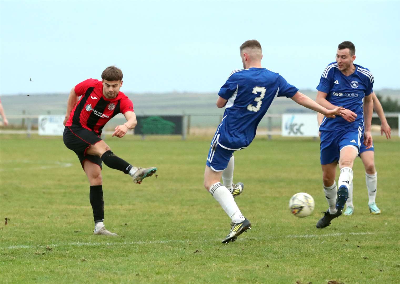 Jonah Martens, in action here against Invergordon, continued his great form this season with four first-half goals against Clachnacuddin 'A'. Picture: James Gunn