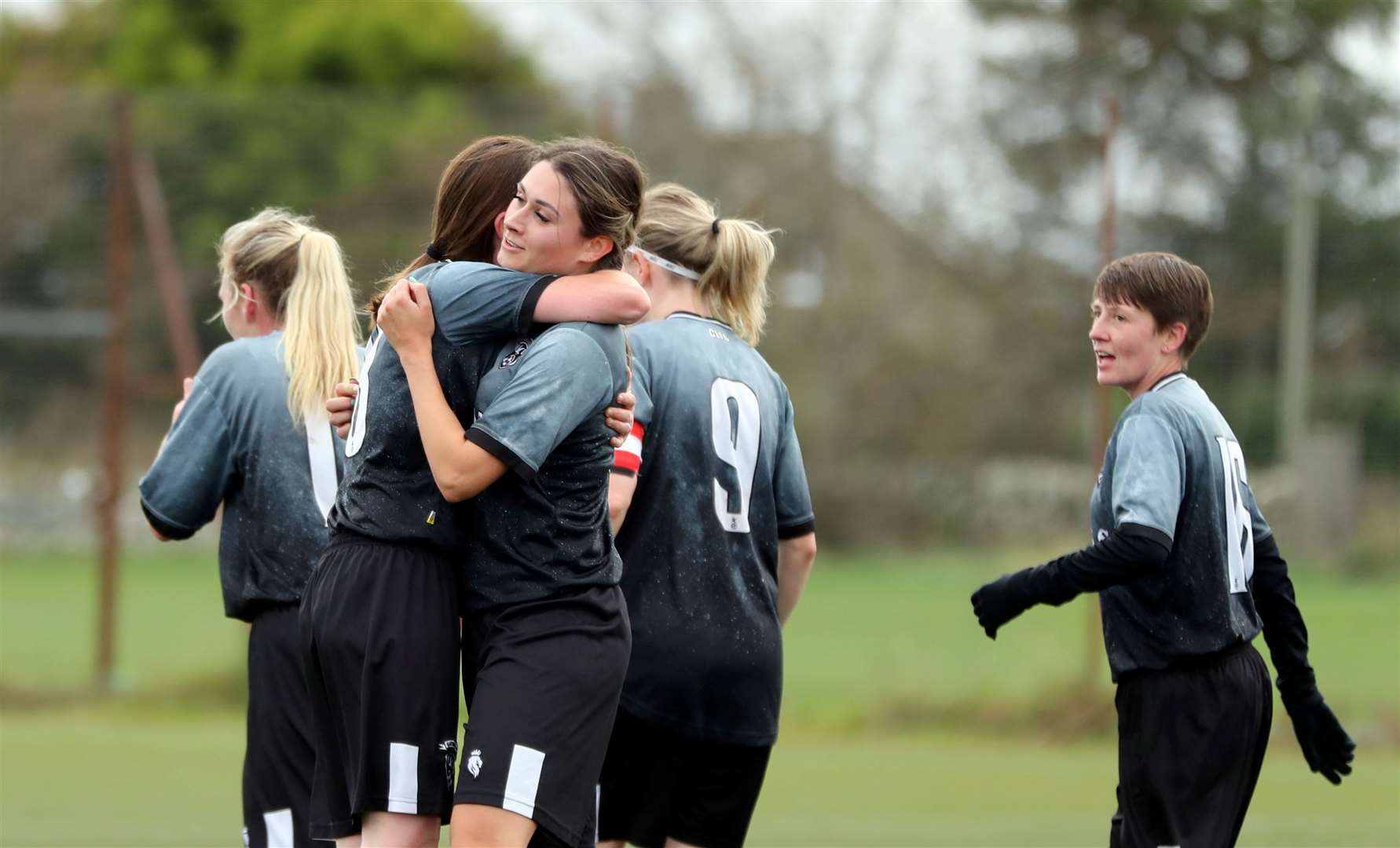 Sarah Henderson is congratulated after scoring in a win against Nairn last season. Picture: James Gunn