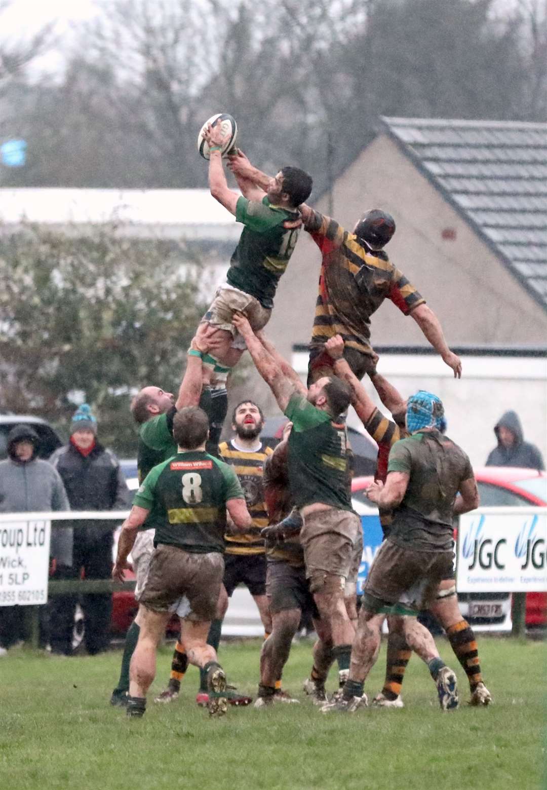 Kevin Brims wins a lineout for Caithness during their Caley 1 defeat to Orkney at Millbank on Saturday. Picture: James Gunn