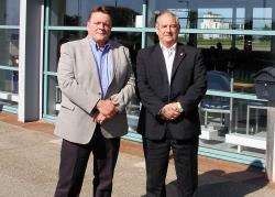 Kevin Coyne (left), the Unite national officer, and Keith Hazlewood, the GMB national secretary, at Wick Airport during their fact-finding visit to the county.