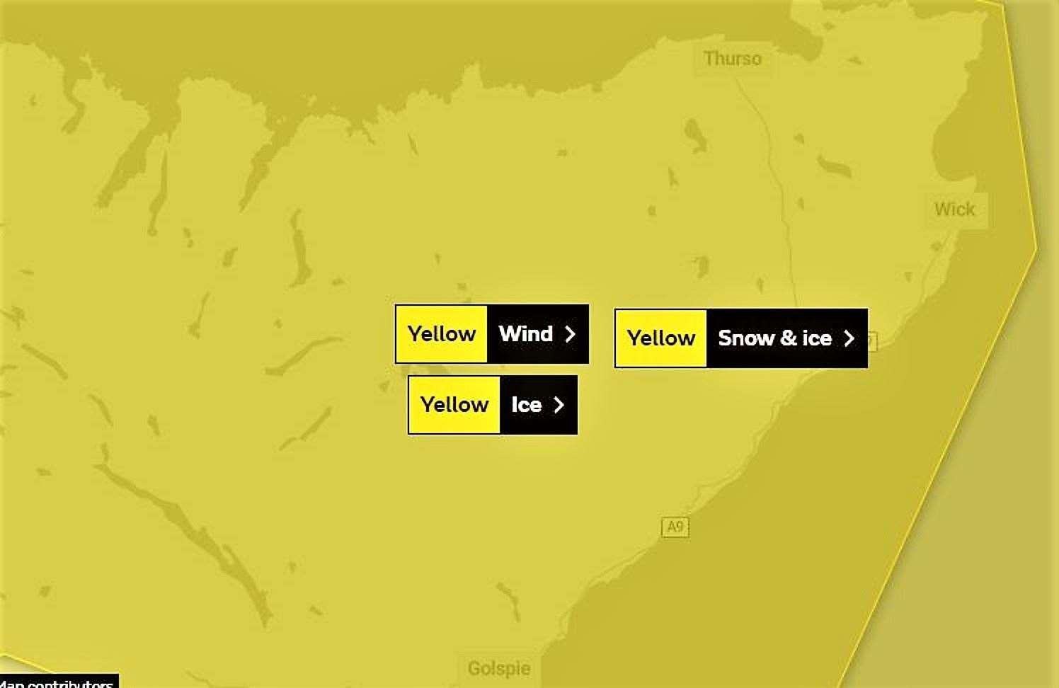 Yellow Warning for snow, ice and high winds.