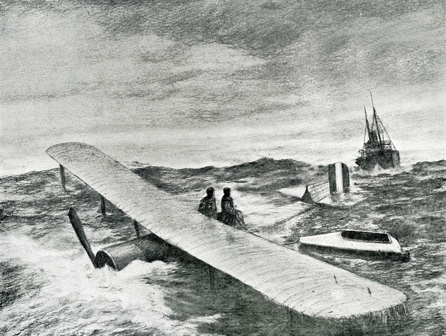 Artist's impression of the Danish steamer Mary coming to pick up the airmen.