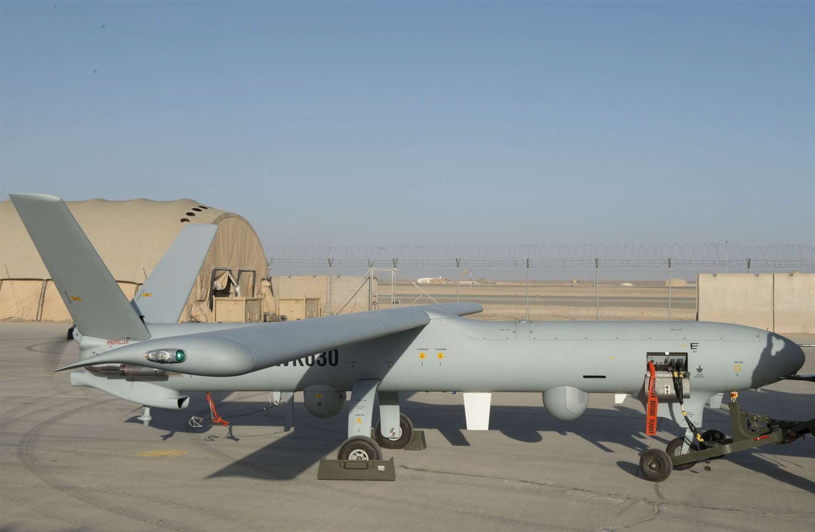 A Watchkeeper unmanned aerial vehicle (UAV) at Camp Bastion, Afghanistan (MoD)