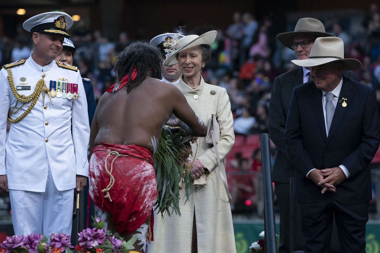 The Princess Royal participates in a smoking ceremony as she is welcomed by Australian Aboriginal performers at the opening ceremony of the Royal Agricultural Society of New South Wales Bicentennial Sydney Royal Easter Show in Sydney (Kirsty O’Connor/PA)