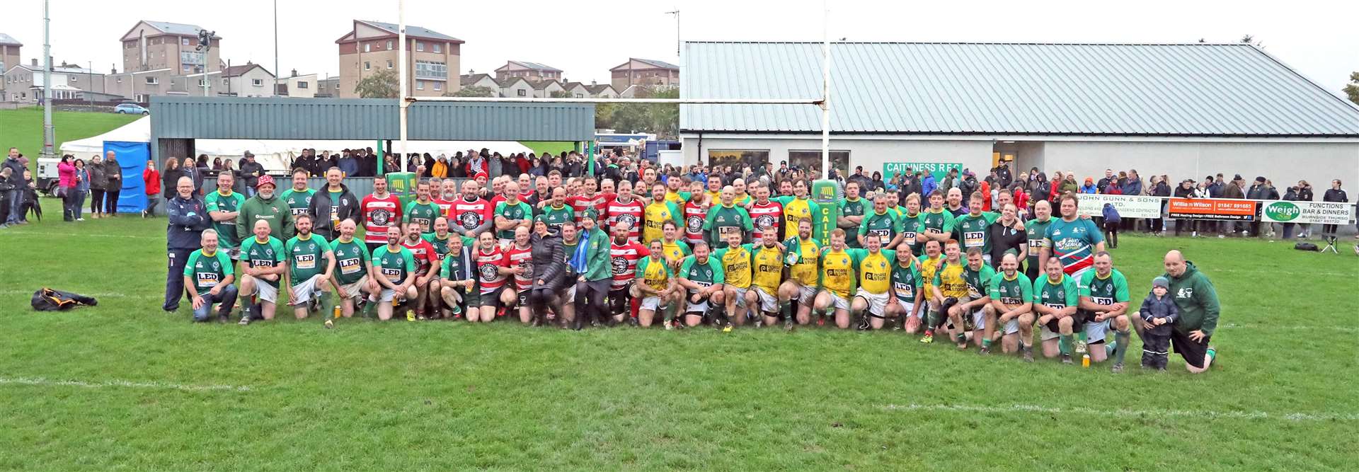All the players from the Caithness Evergreens, Orkney Vikings and Caithness 2nd XV, and officials, with Norma Mill and Jean Campbell. Picture: James Gunn