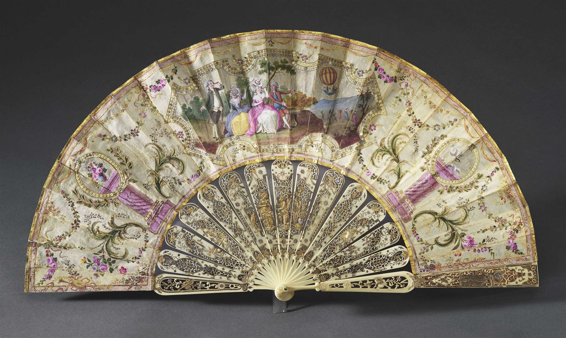 French, Fan depicting ‘The Ascent of M. Charles’s and M. Robert’s Balloon, 1783’ is part of the exhibition. Royal Collection Trust