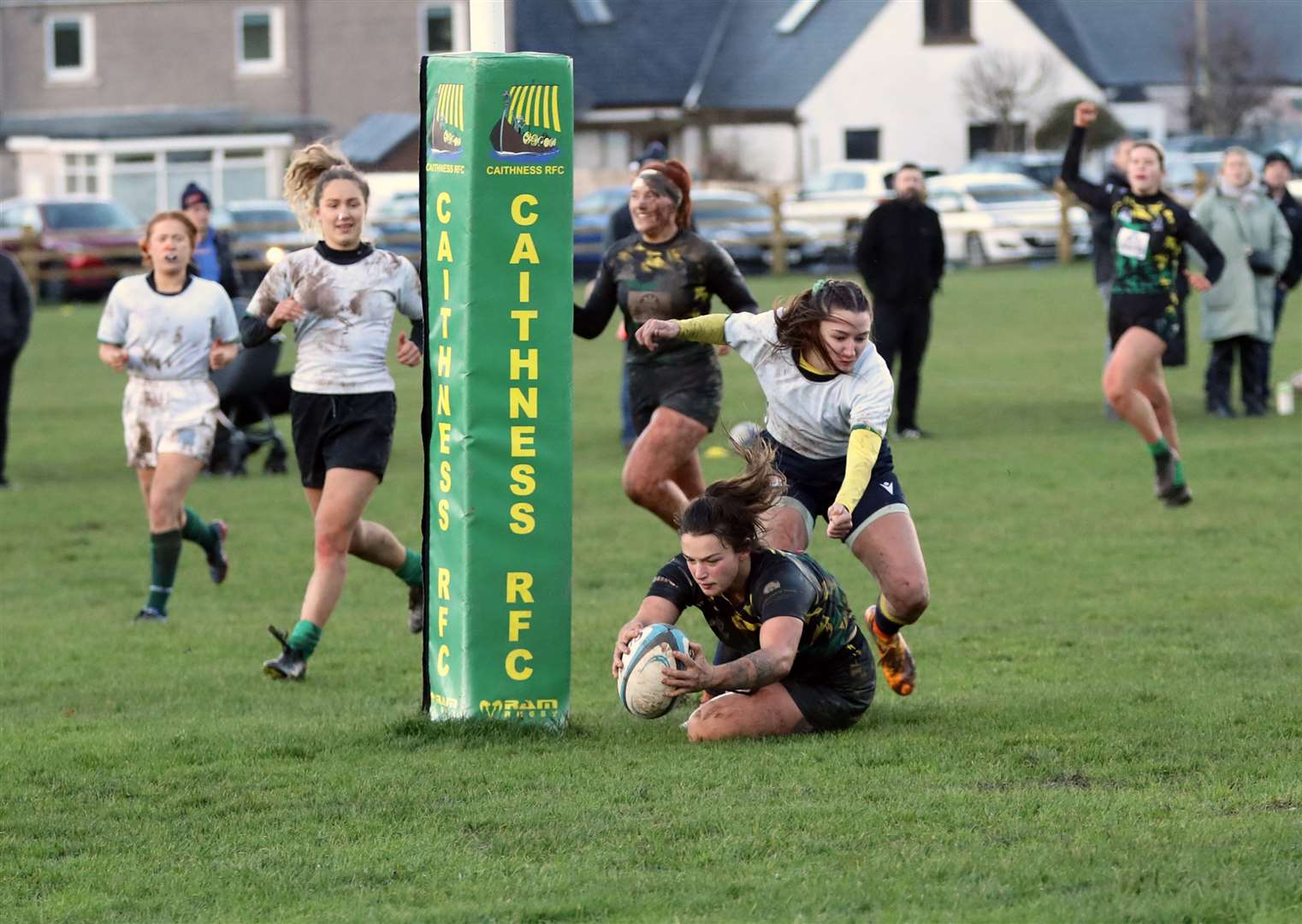 Emmy Smith touches down during the Krakens' 24-12 festive victory over an Exiles/Students XV at Millbank. Picture: James Gunn