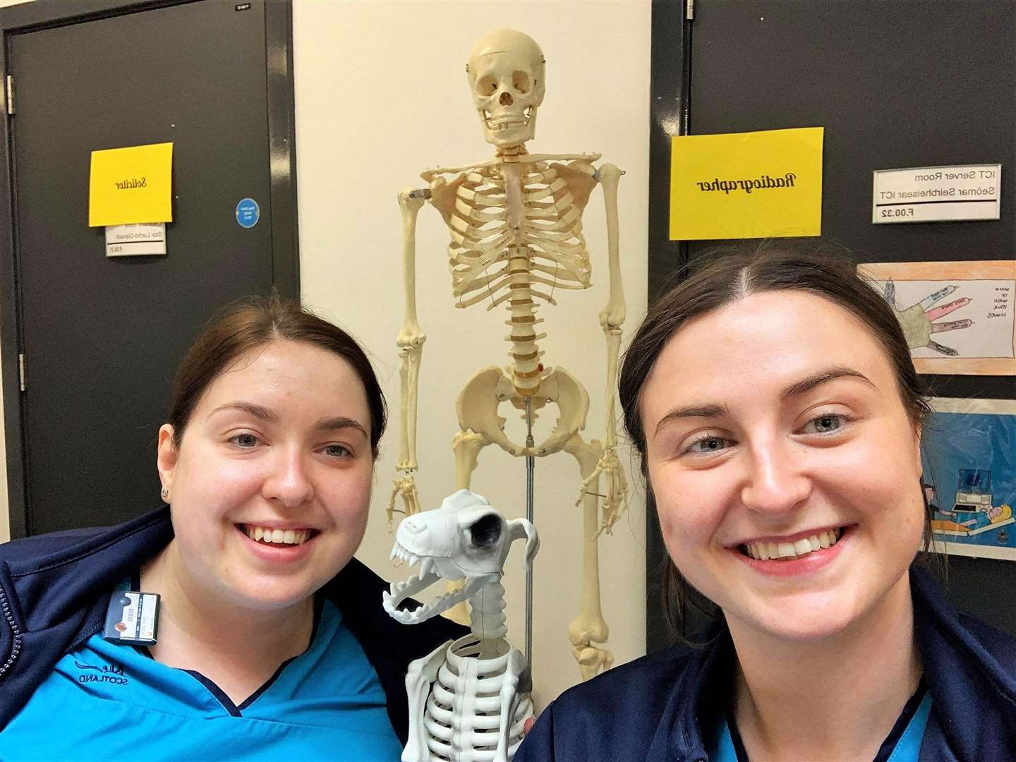 Aimee Calder, left, and Claire Risbridger spent time with Caithness pupils teaching them about the bones of the body.