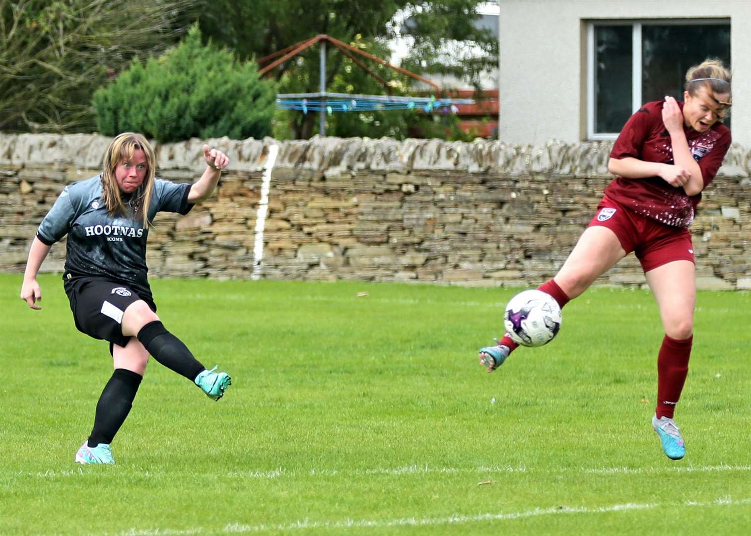 Donna Majilton fires a shot into the bottom corner for Caithness Ladies' fourth goal against Ross County. Picture: James Gunn