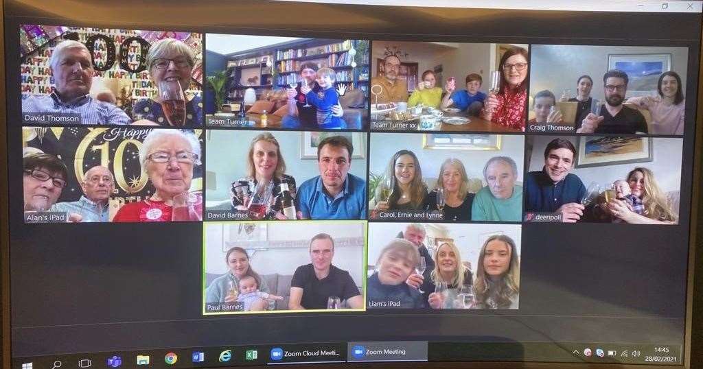 A Zoom session to celebrate Dorrie's 100th birthday. She is on the left of the screen, below, with daughter Doreen Turner and Doreen's husband Alan, with other family members joining in.