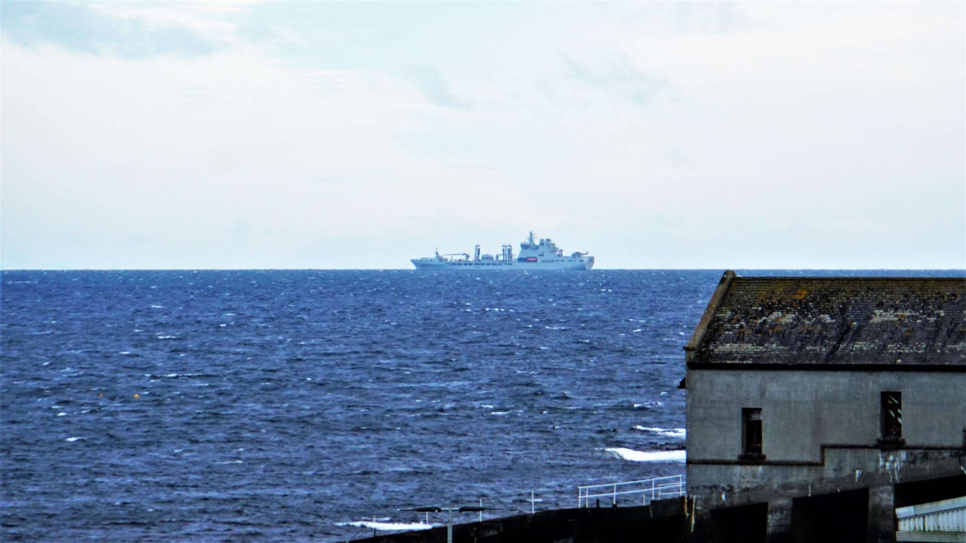 The vessel sighted east of Wick Bay at 3.30pm on Tuesday appears to be a Tide-class Royal Navy auxiliary supply ship. Picture: DGS