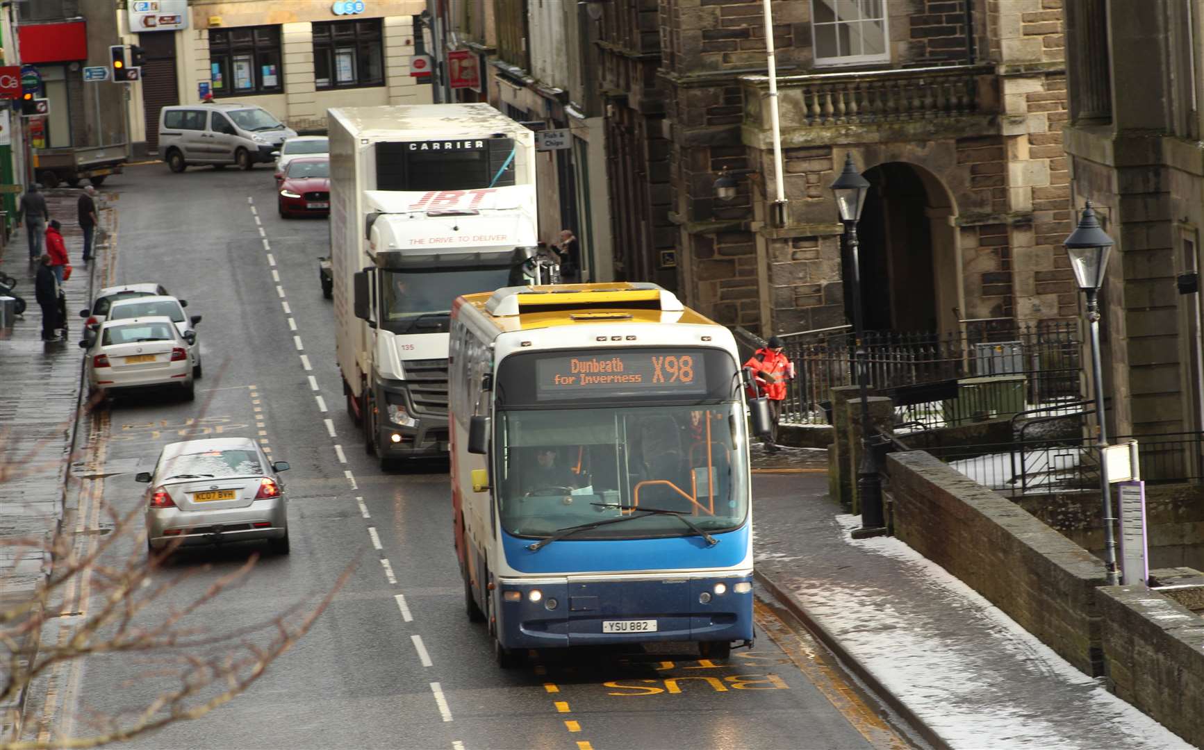 A Stagecoach X98 service heading through Wick en route to Dunbeath today.