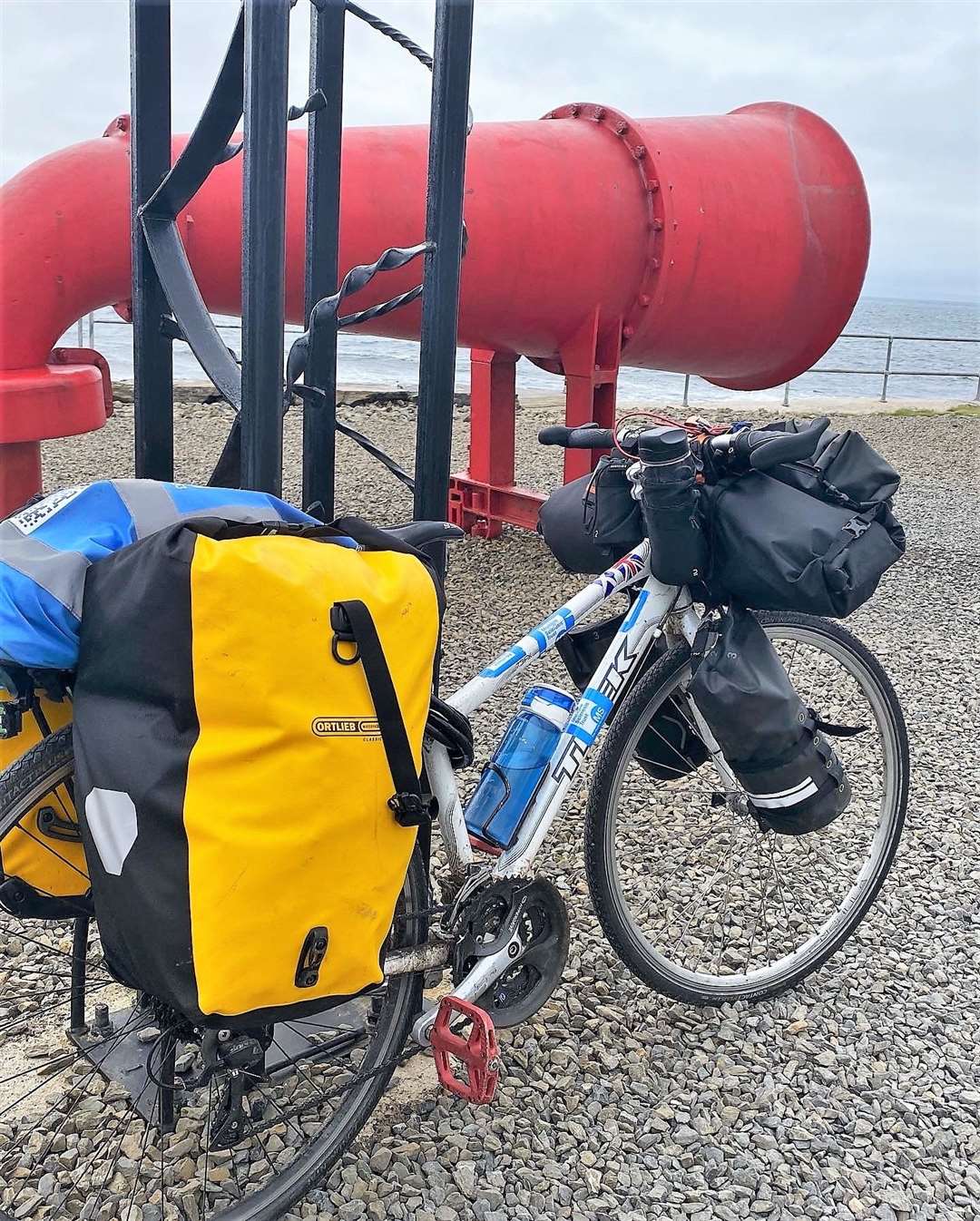 Lis' bike at the old fog horn at Groats. Everything for her journey is in her bike panniers.
