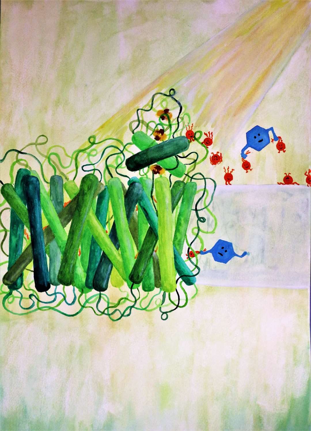 Painting of electrons stolen by DCBQ from photosynthetic reaction centres. Picture: Robin Horton