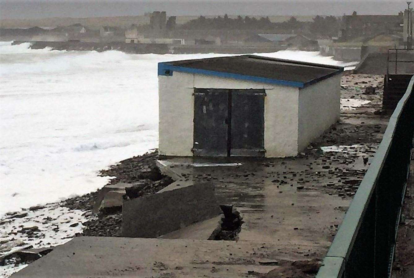 The Esplanade and canoe club hut after the storm damage. Highland Council has now cordoned off the area to make it safe. Picture: PCC