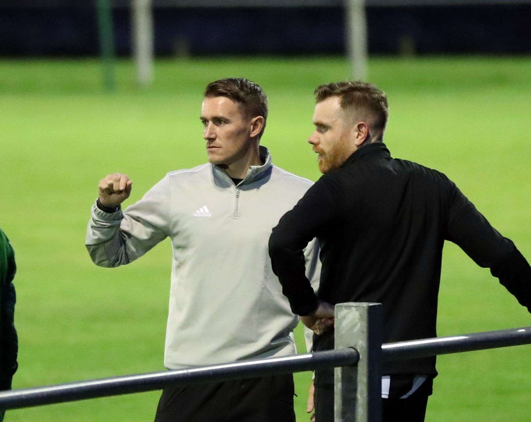Wick Academy manager Gary Manson (left) in discussion with Craig Gunn. Picture: James Gunn