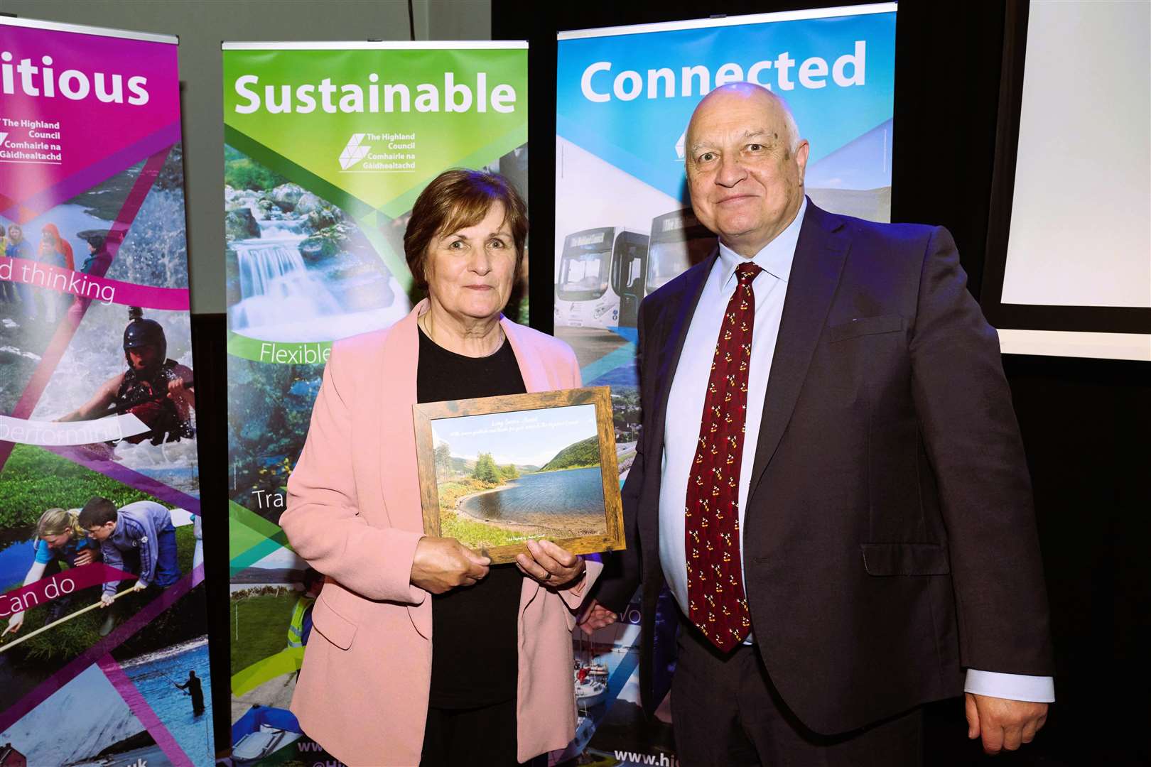 Jennifer Irvine, area business manager at Business Gateway Caithness and North Sutherland, receives a gift for long service from Highland Council convener, Bill Lobban at the event on Friday. Picture: Highland Council