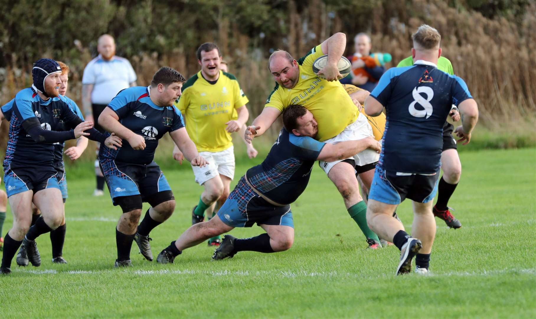Michael Gunn is brought to a halt just before the try line. Picture: James Gunn