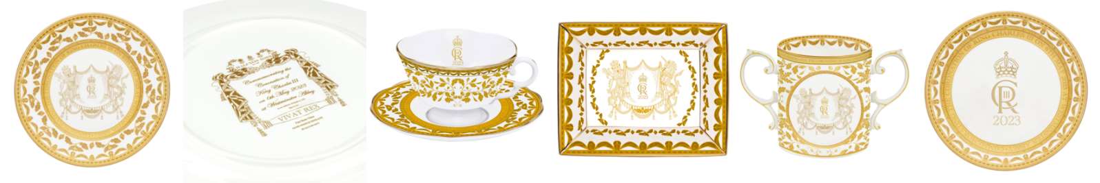 From left: A Halcyon Days coronation gold 10” presentation plate, coronation gold fluted teacup and saucer, coronation cold trinket tray, coronation gold loving cup and coronation gold coaster (Halcyon Days/PA)