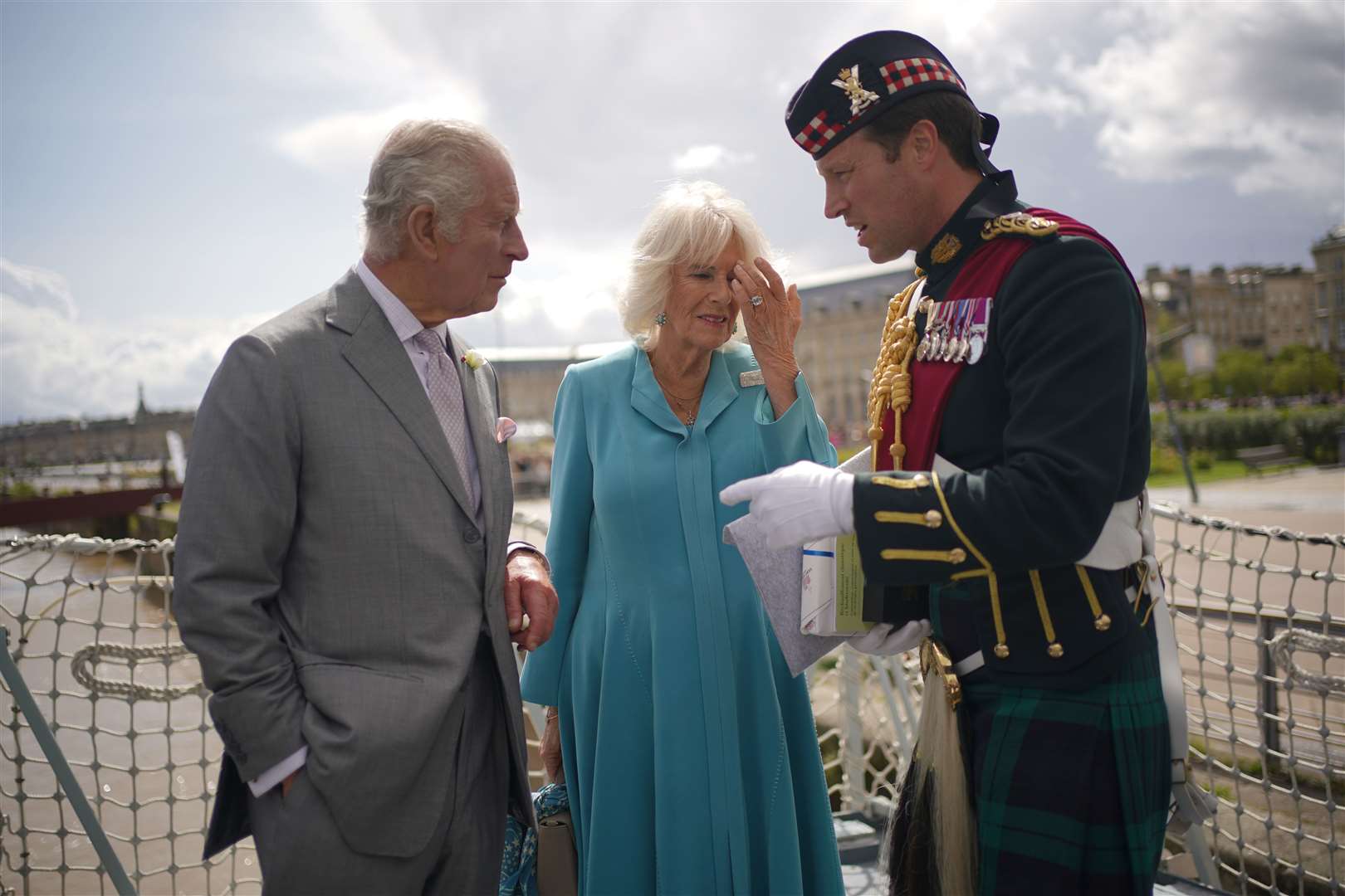 Charles and Camilla at a reception on the flight deck of HMS Iron Duke in Bordeaux (Yui Mok/PA)