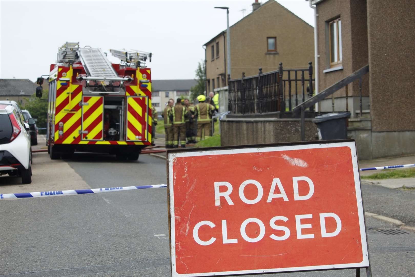 Emergency services at the scene of the fire in Park Avenue, Thurso. Picture: Connall Bain