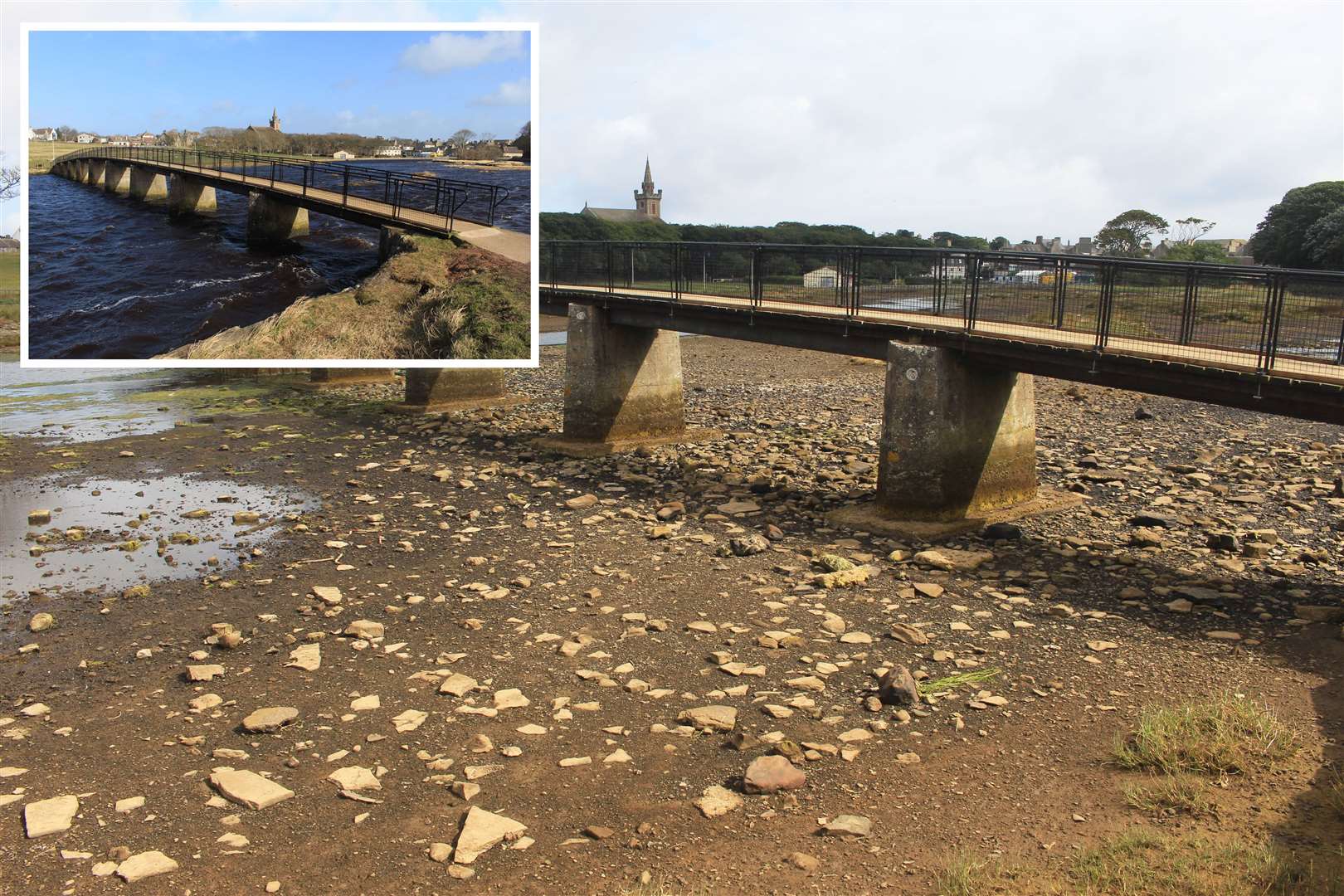 Wick's dried-up riverbed at the Coghill Bridge in late August 2021, and (inset) the river in full flow in March. Pictures: Alan Hendry