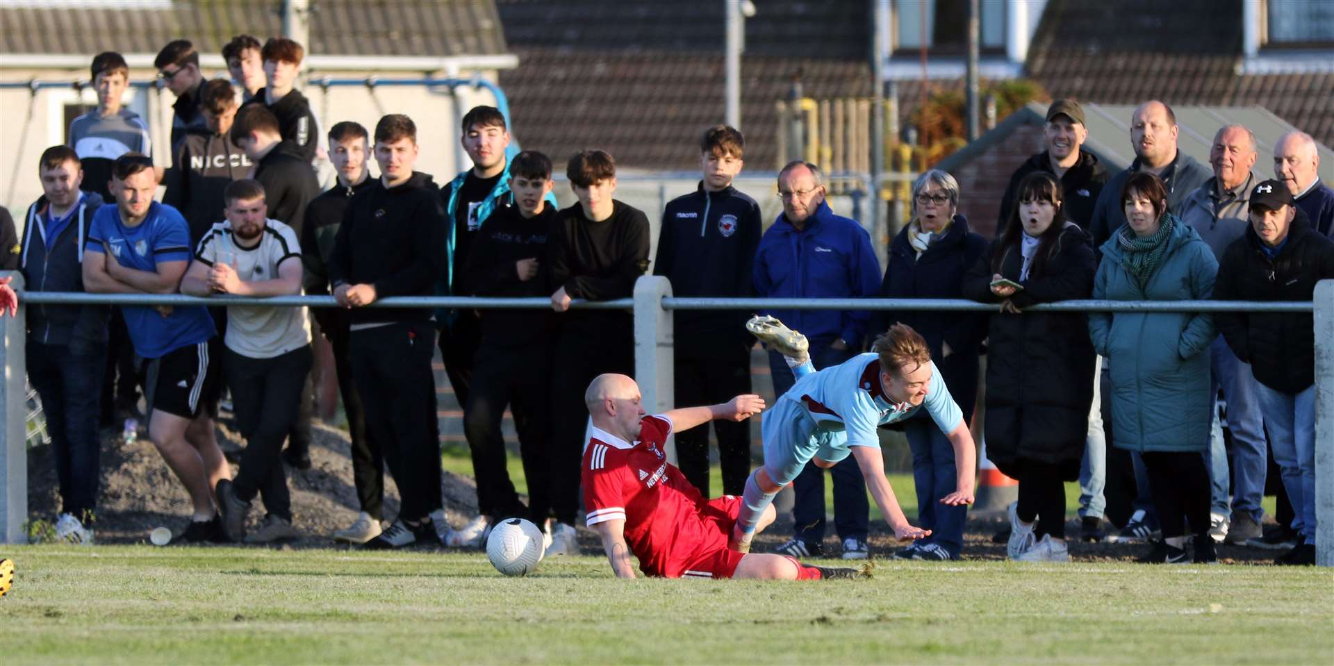 Pentland United's Cameron Montgomery is brought down by Kyle Ross. Picture: James Gunn
