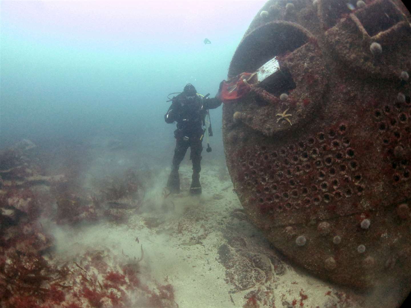 Diver beside the boiler of the Isleford, an RFA ammunition ship wrecked in Wick Bay during the war. The Red Ensign and plaque were placed by local divers in memory of the crew who were all lost.