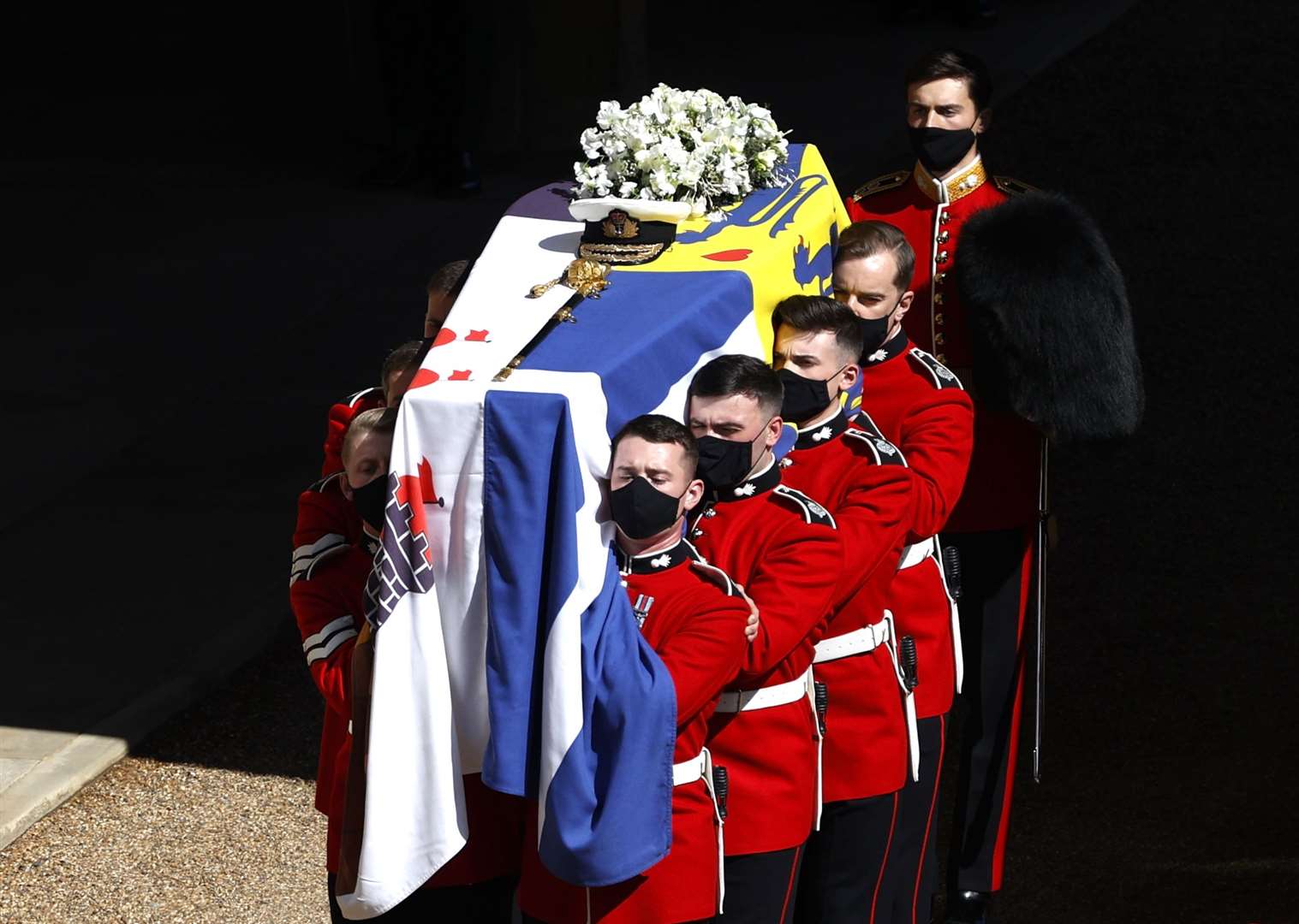The Duke of Edinburgh’s coffin, covered with his Personal Standard (Adrian Dennis/PA)