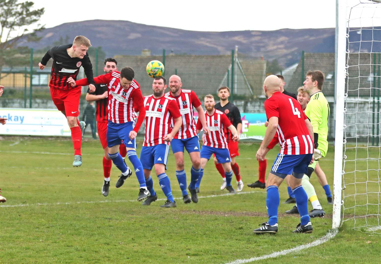 Halkirk United's Korbyn Cameron flashes a header just wide of goal. Picture: James Gunn