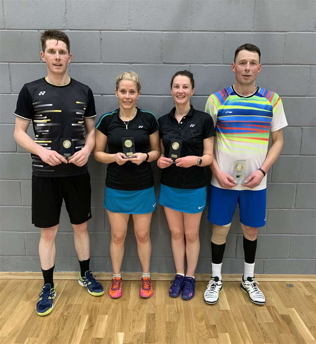 Mixed doubles runners-up Martyn Cook and Carole Begg with winners Shona Mackay and Mark Mackay.