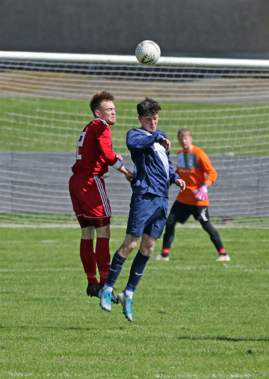 Thurso's Luke Manson (left) and Halkirk United's Kyle Henderson in an aerial duel during a North Caledonian League derby at the Dammies. Picture: James Gunn