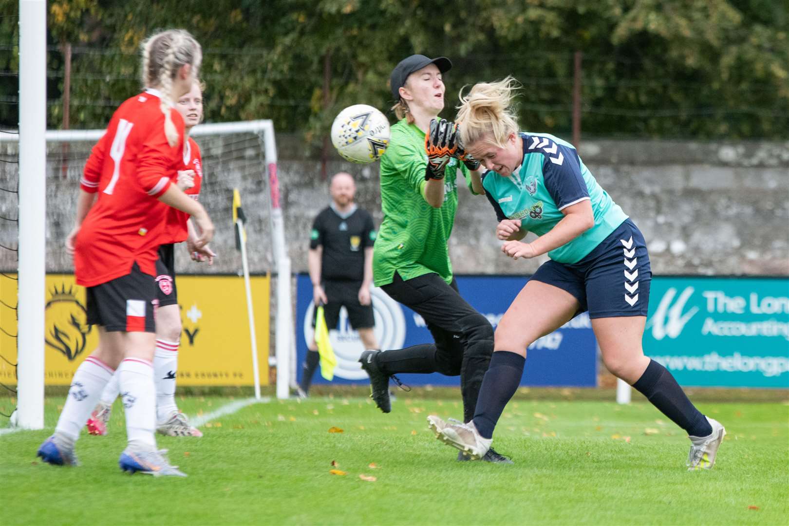 Buckie's Emily McAuslan had this effort was chalked off for a foul on the keeper. Picture: Daniel Forsyth