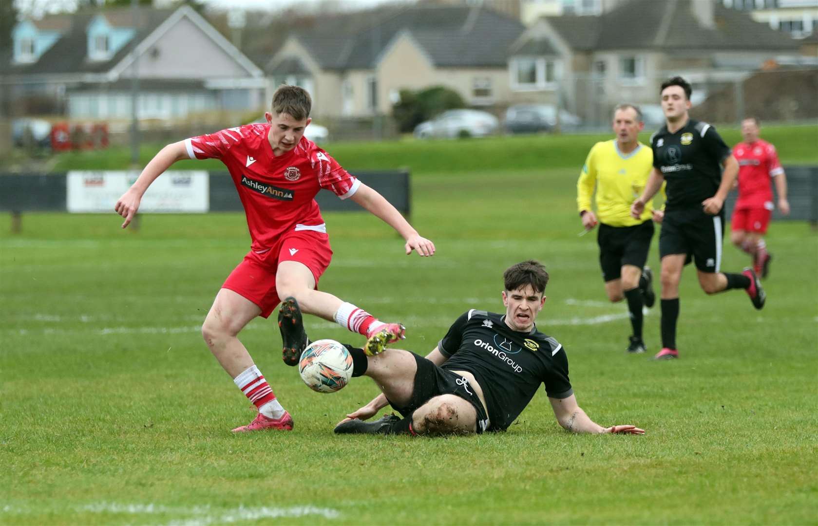 Liam Bain is tackled by Finlay Mackenzie during Thurso's 3-3 draw with Clachnacuddin 'A' at the Dammies in November. Picture: James Gunn