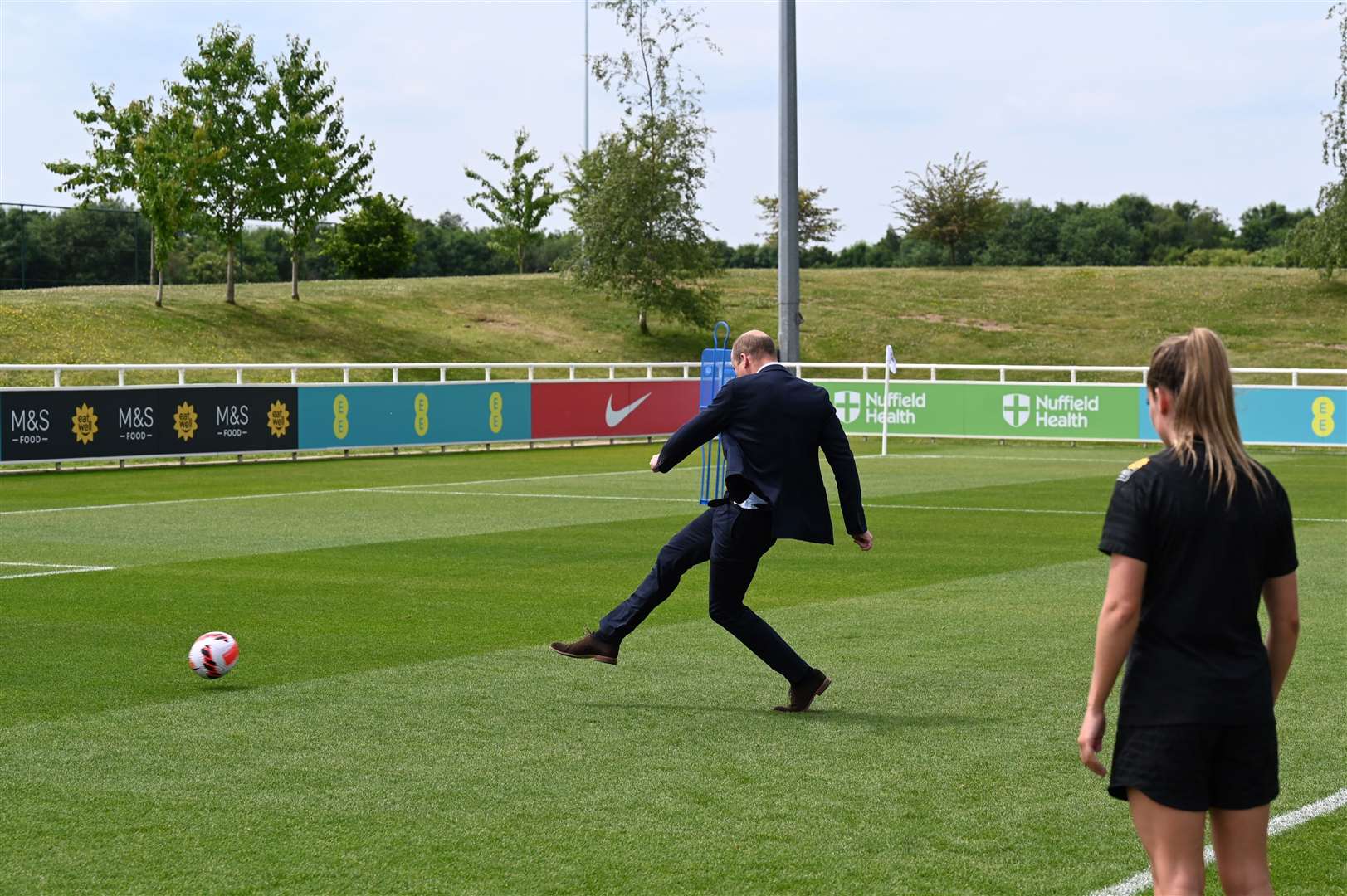 William shoots to score a goal during a visit to St George’s Park to meet with the England women’s team ahead of Uefa Women’s Euro 2022 (Paul Ellis/PA)