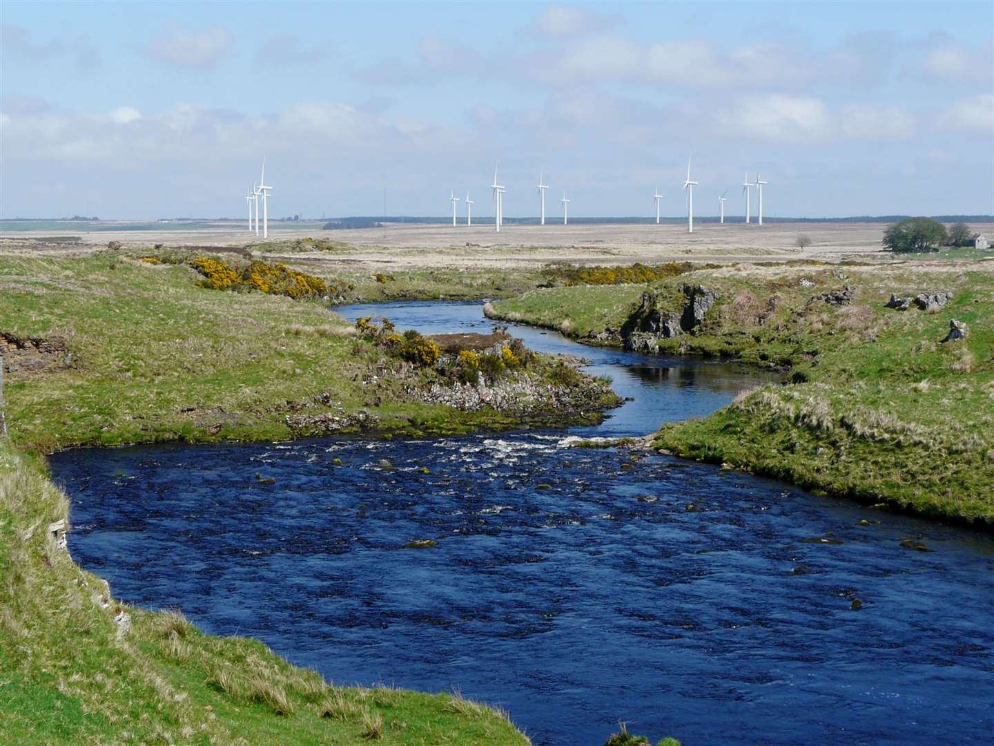 The River Thurso seen from Dirlot, with turbines on the Causewaymire in the distance. Picture: Alan Hendry